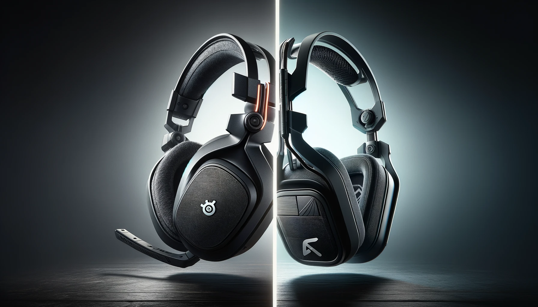 Split-screen image with SteelSeries Arctis 1 Wireless on the left, displaying its sleek, versatile design, and Astro A50 Gen 4 on the right, showcasing its high-tech and distinctive design. Both headsets are shown from angles that highlight their design, material texture, and ear cup comfort.